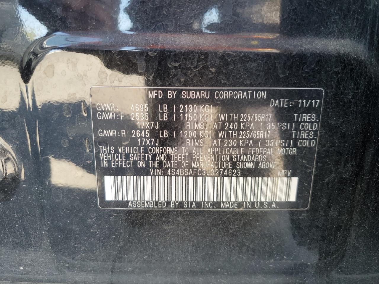 2018 Subaru Outback 2.5I Premium VIN: 4S4BSAFC3J3274623 Lot: 67688074