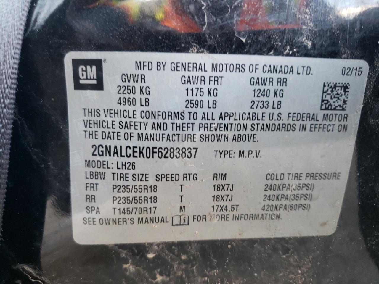 2GNALCEK0F6283837 2015 Chevrolet Equinox Lt