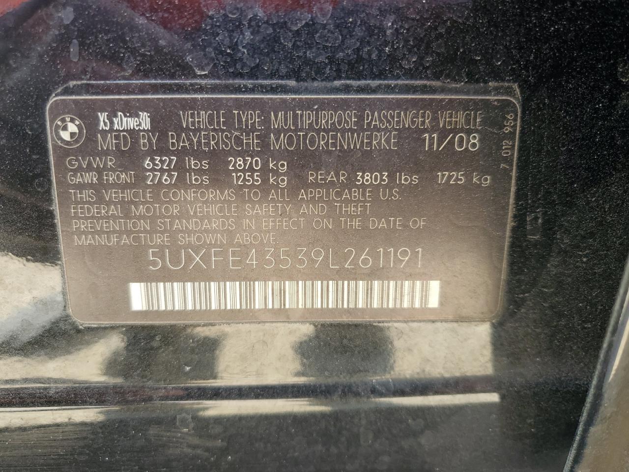 2009 BMW X5 xDrive30I VIN: 5UXFE43539L261191 Lot: 68236264