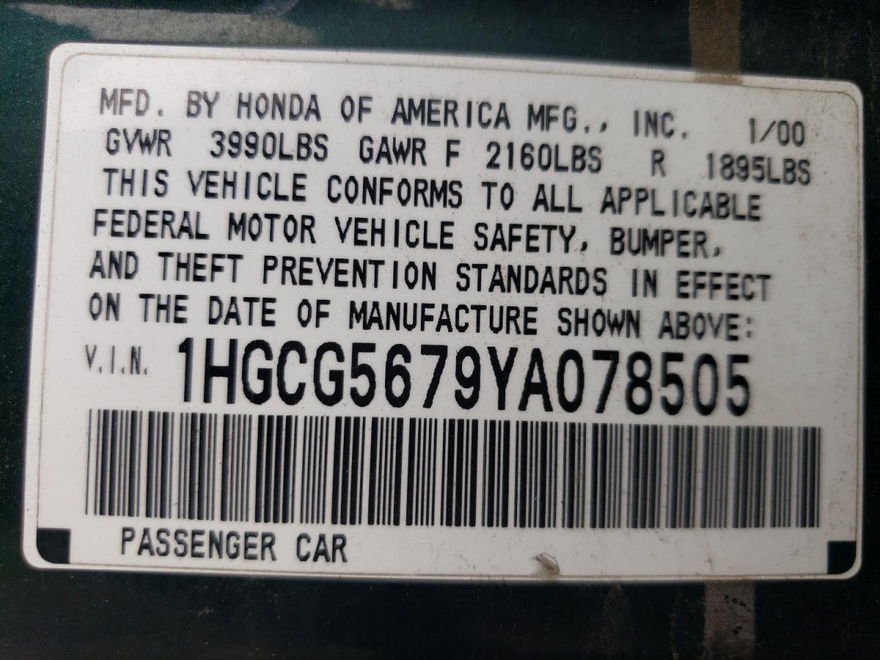 1HGCG5679YA078505 2000 Honda Accord Se