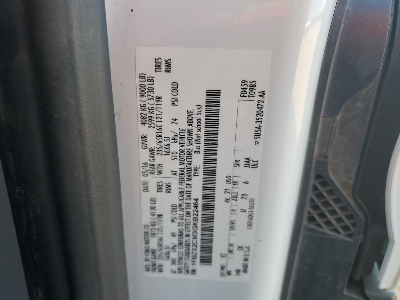 1FBZX2CM3GKB22464 2016 Ford Transit T-350