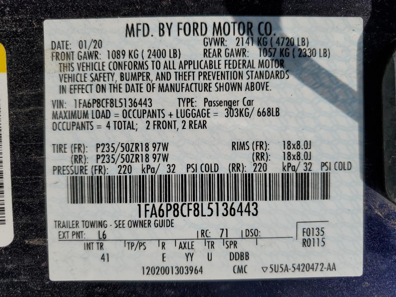 2020 Ford Mustang Gt VIN: 1FA6P8CF8L5136443 Lot: 66720274