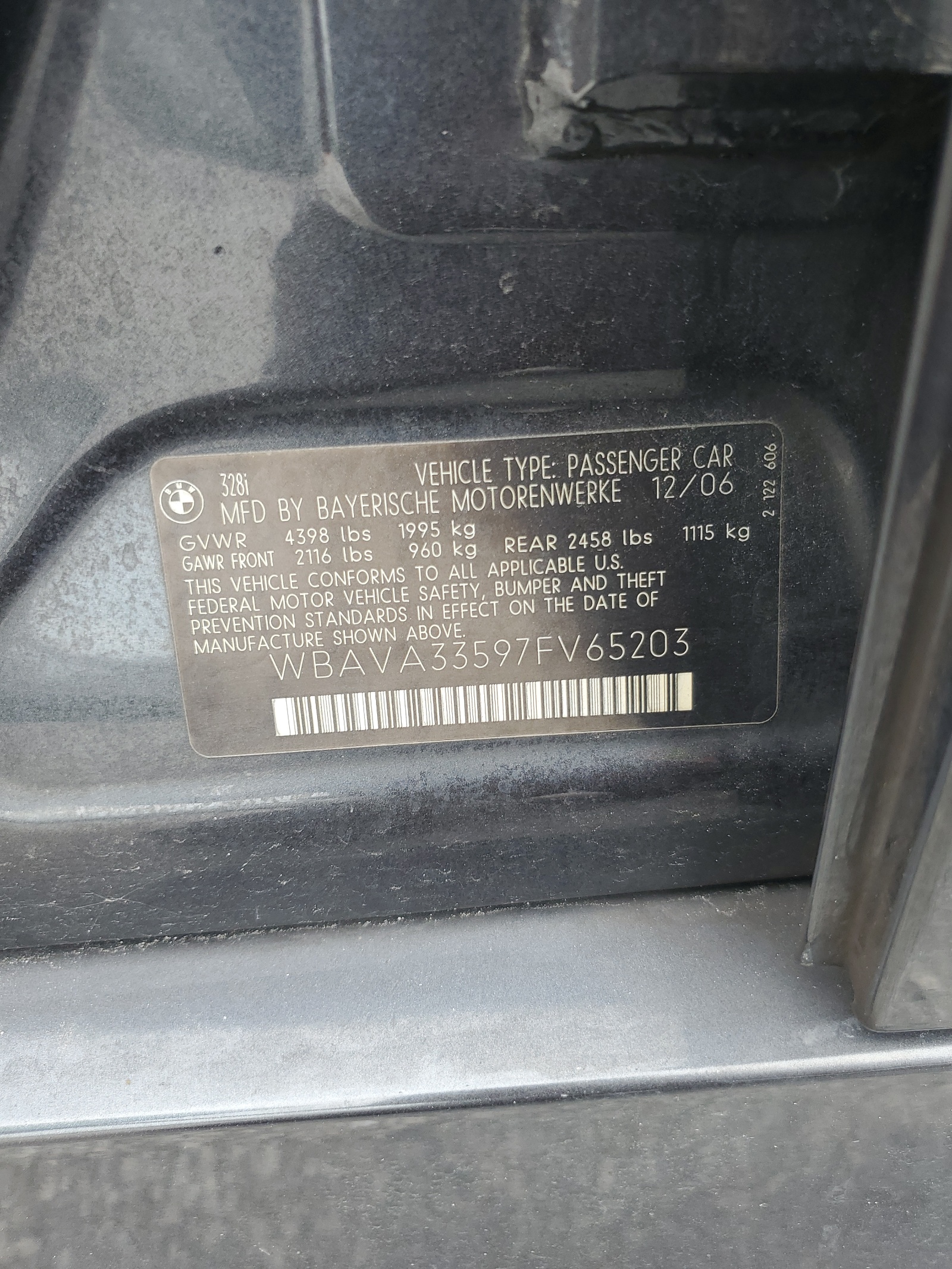 WBAVA33597FV65203 2007 BMW 328 I