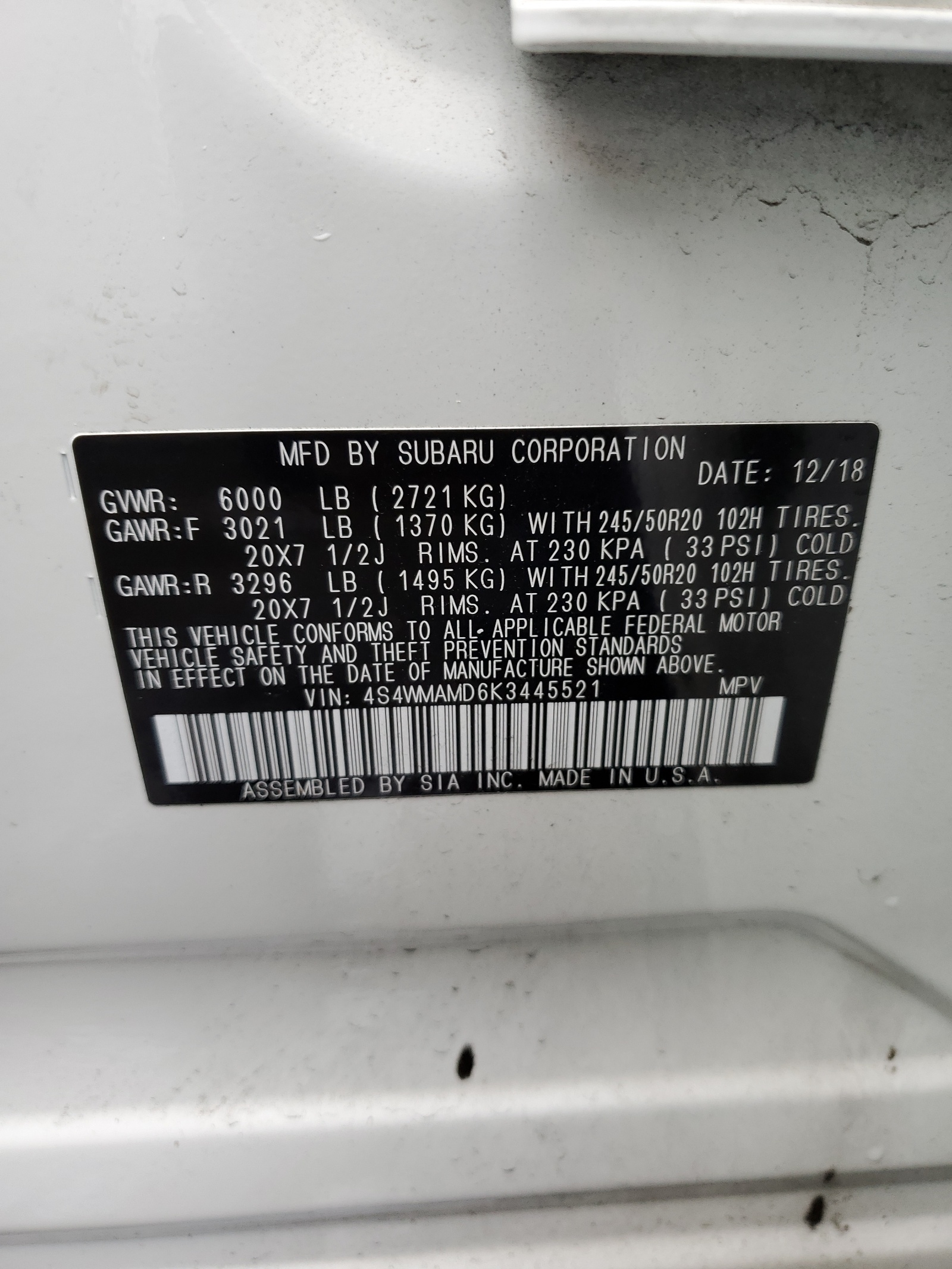 4S4WMAMD6K3445521 2019 Subaru Ascent Limited