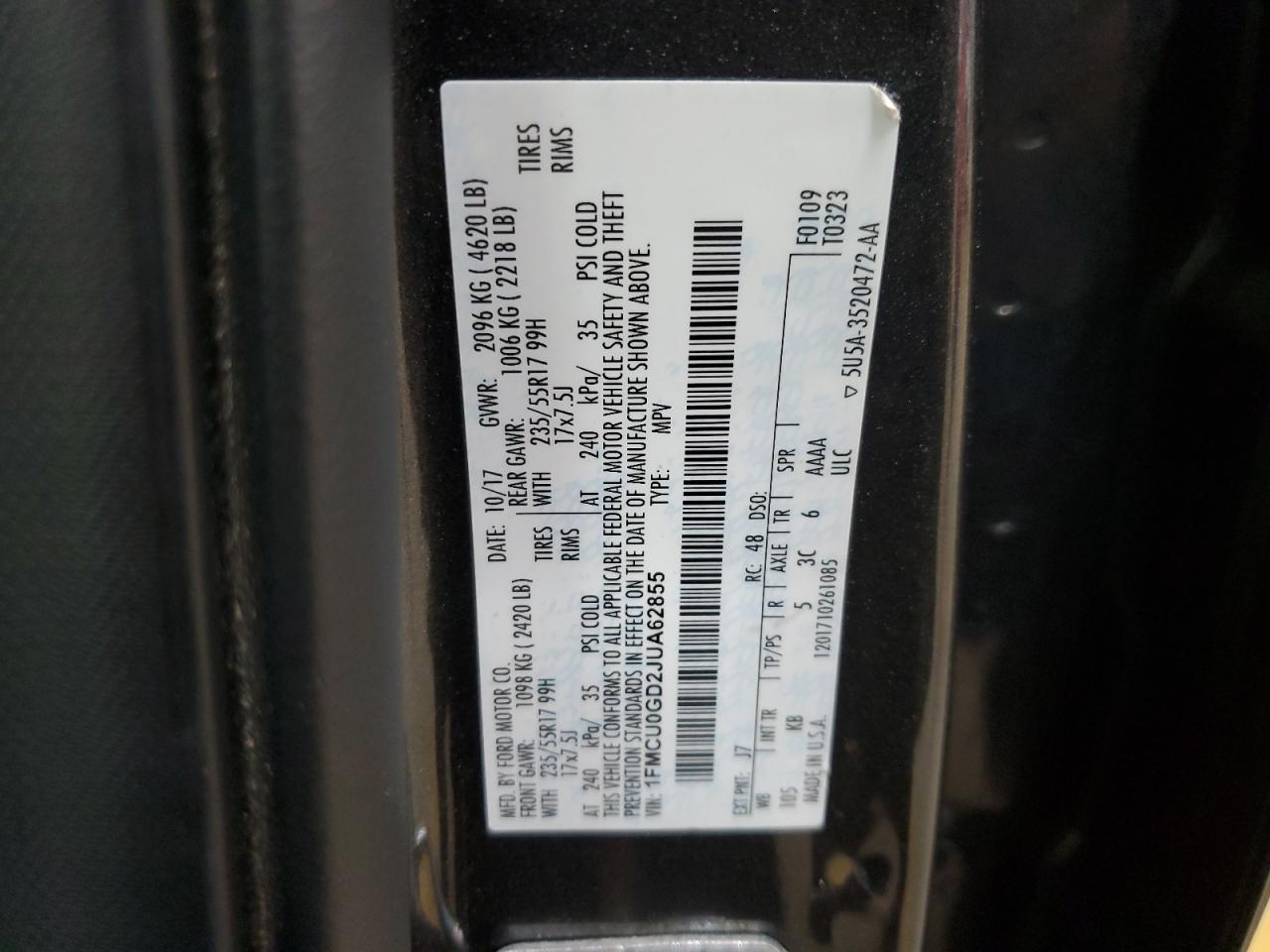 1FMCU0GD2JUA62855 2018 Ford Escape Se