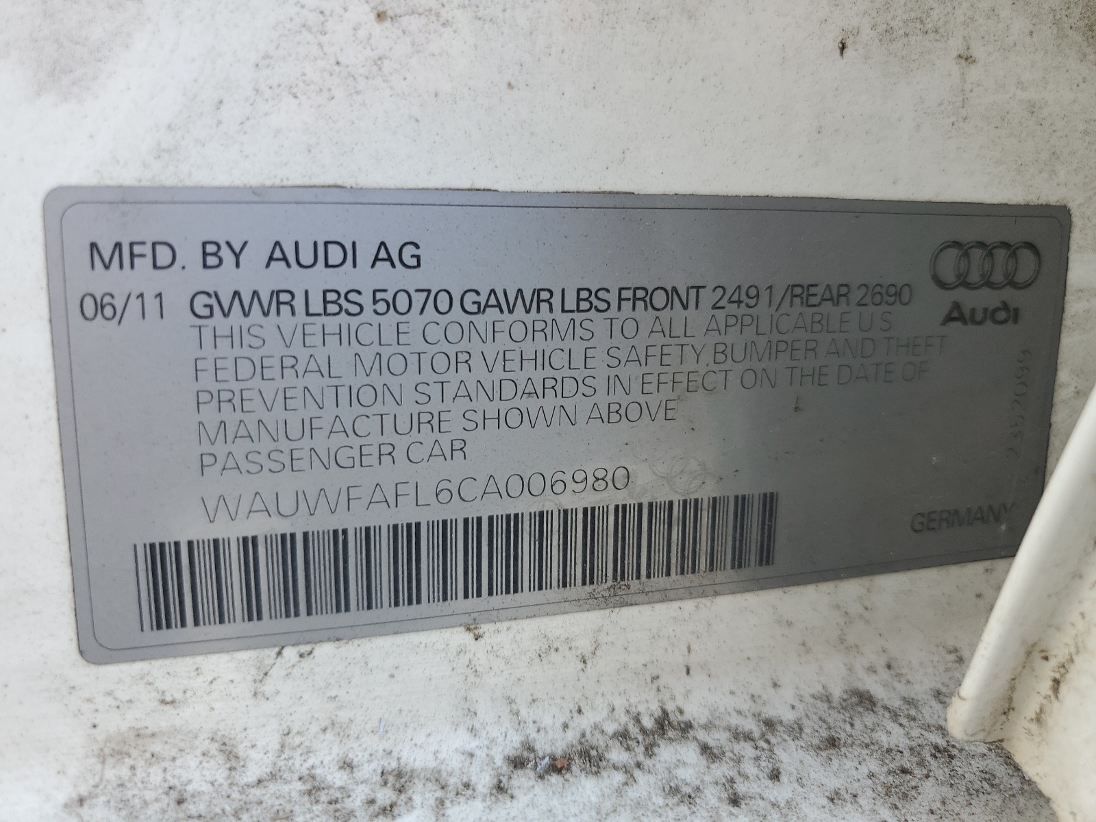 WAUWFAFL6CA006980 2012 Audi A4 Premium Plus