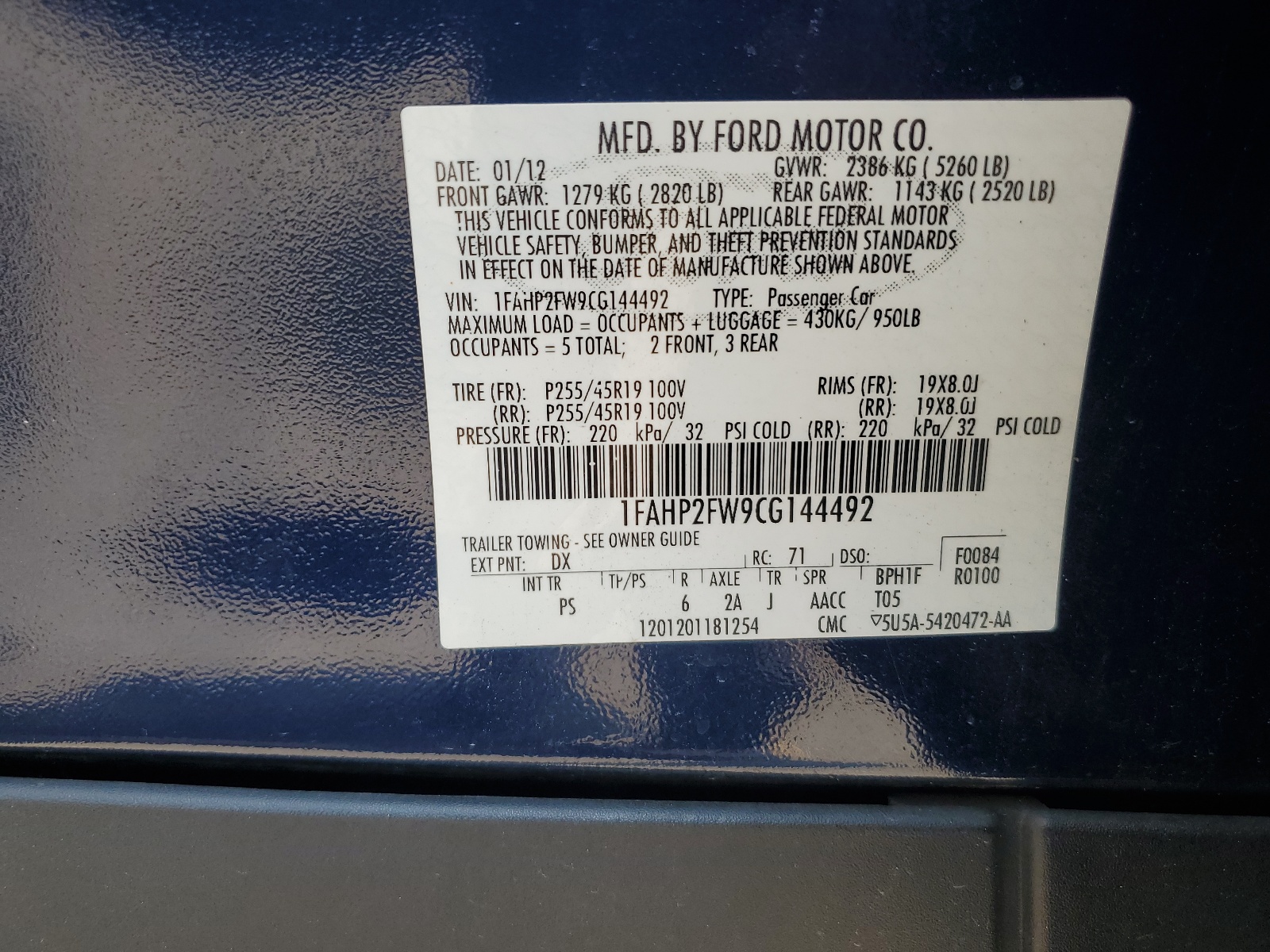 1FAHP2FW9CG144492 2012 Ford Taurus Limited