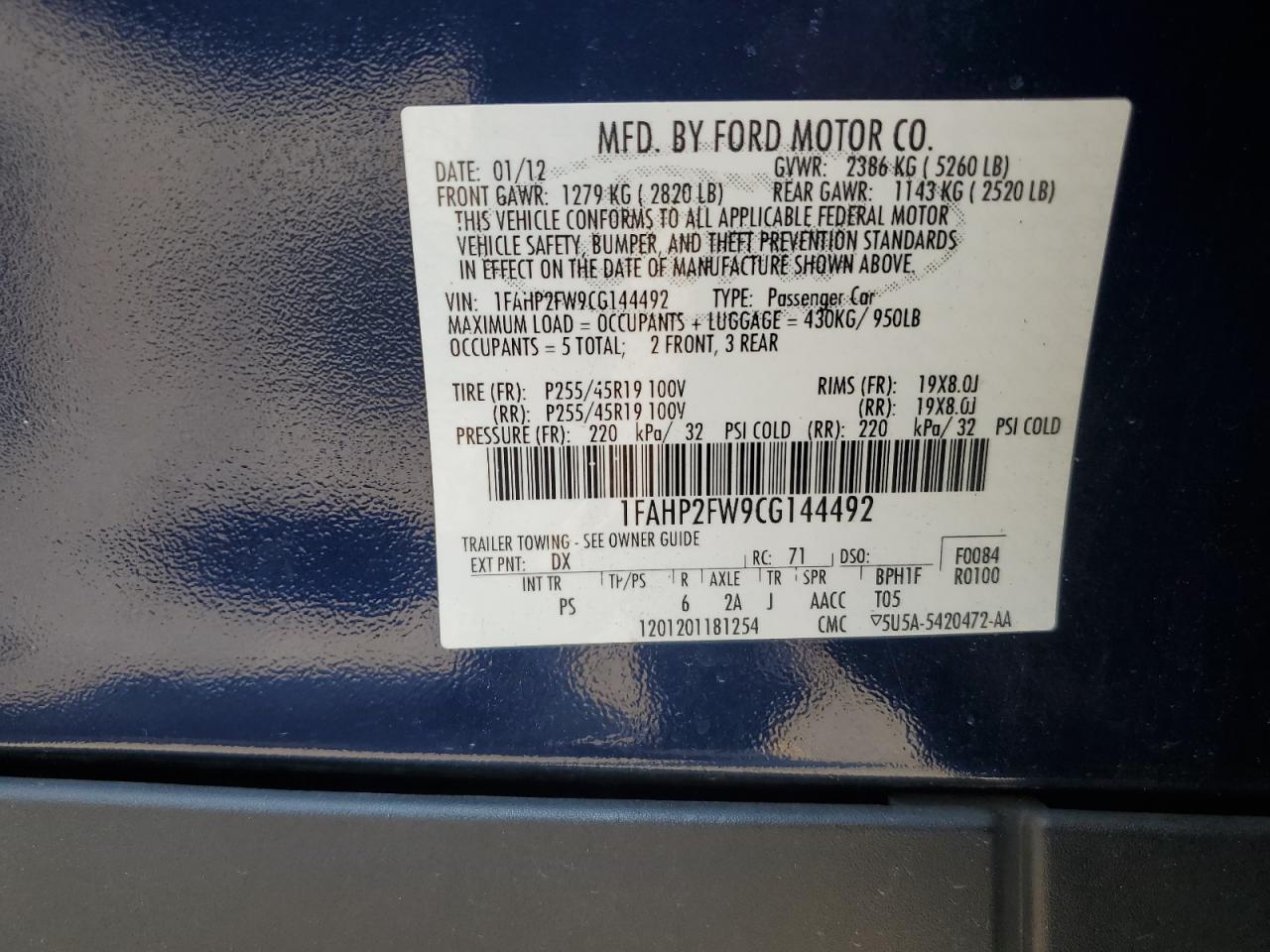 2012 Ford Taurus Limited VIN: 1FAHP2FW9CG144492 Lot: 66158054