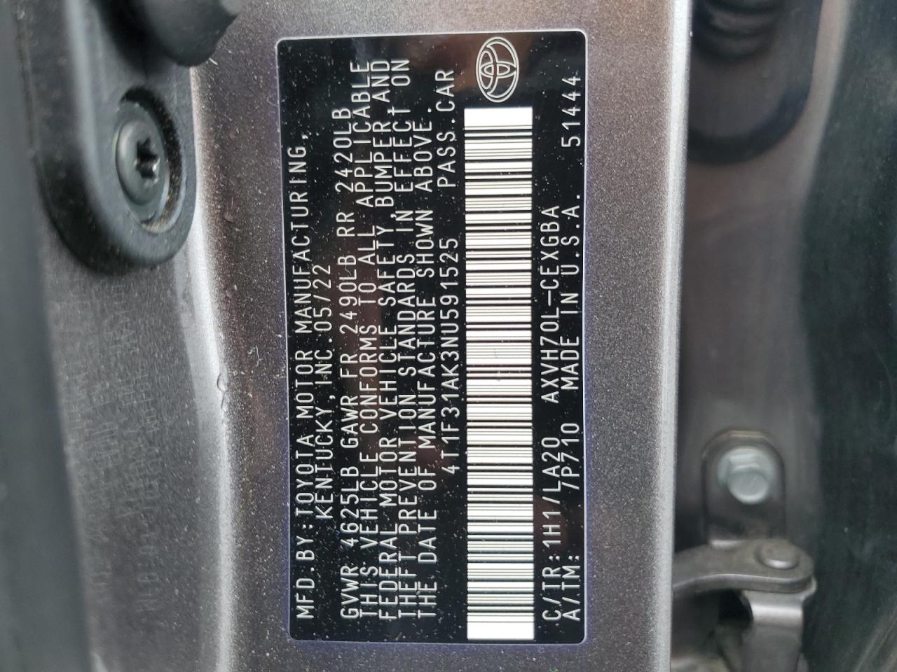 4T1F31AK3NU591525 2022 Toyota Camry Xle