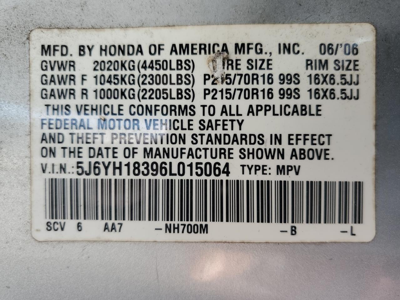 2006 Honda Element Lx VIN: 5J6YH18396L015064 Lot: 67783874