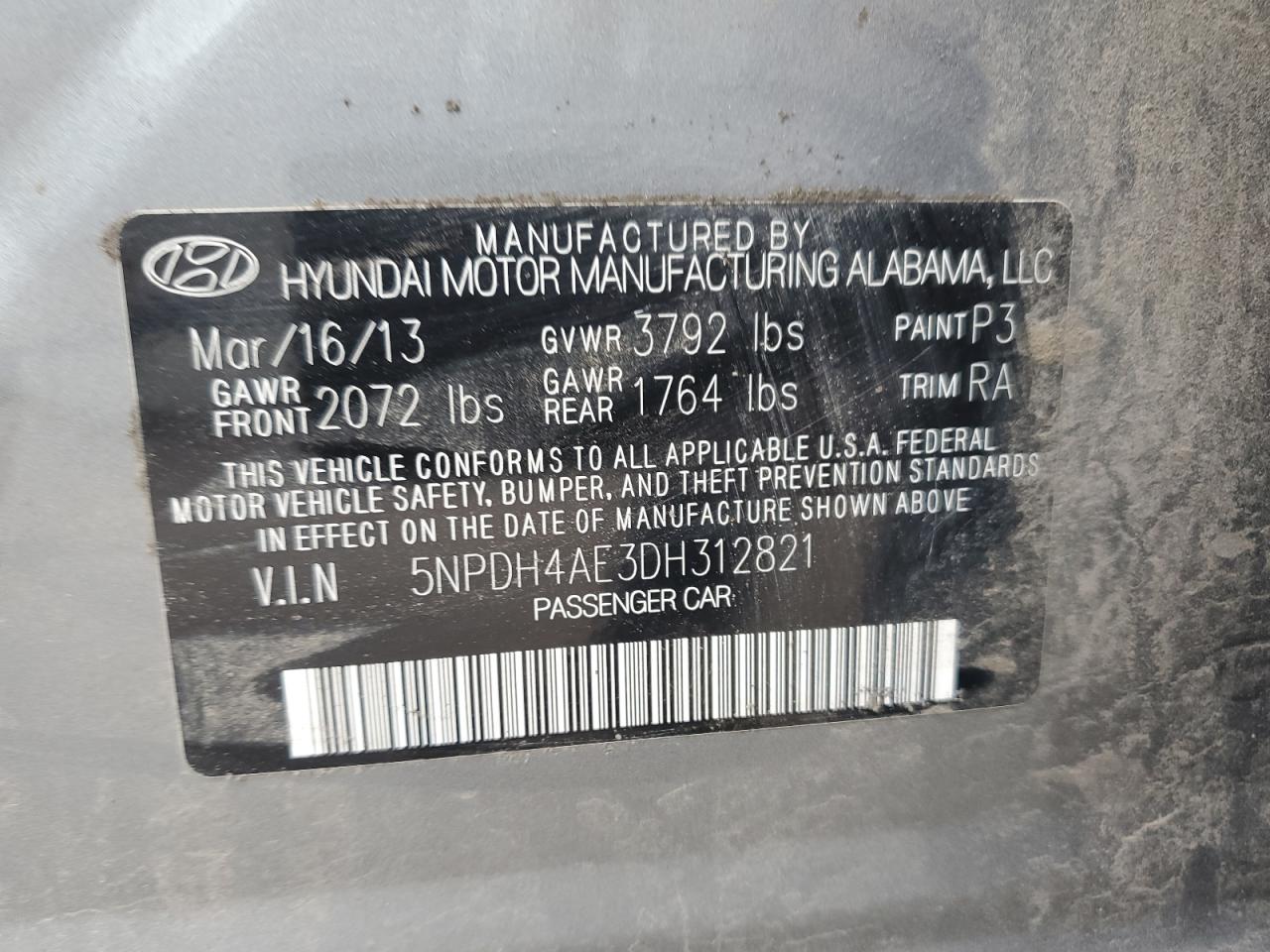 2013 Hyundai Elantra Gls VIN: 5NPDH4AE3DH312821 Lot: 67657534