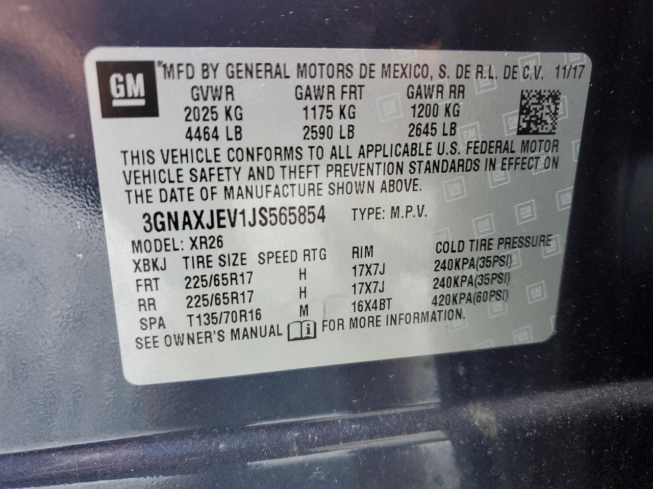 3GNAXJEV1JS565854 2018 Chevrolet Equinox Lt