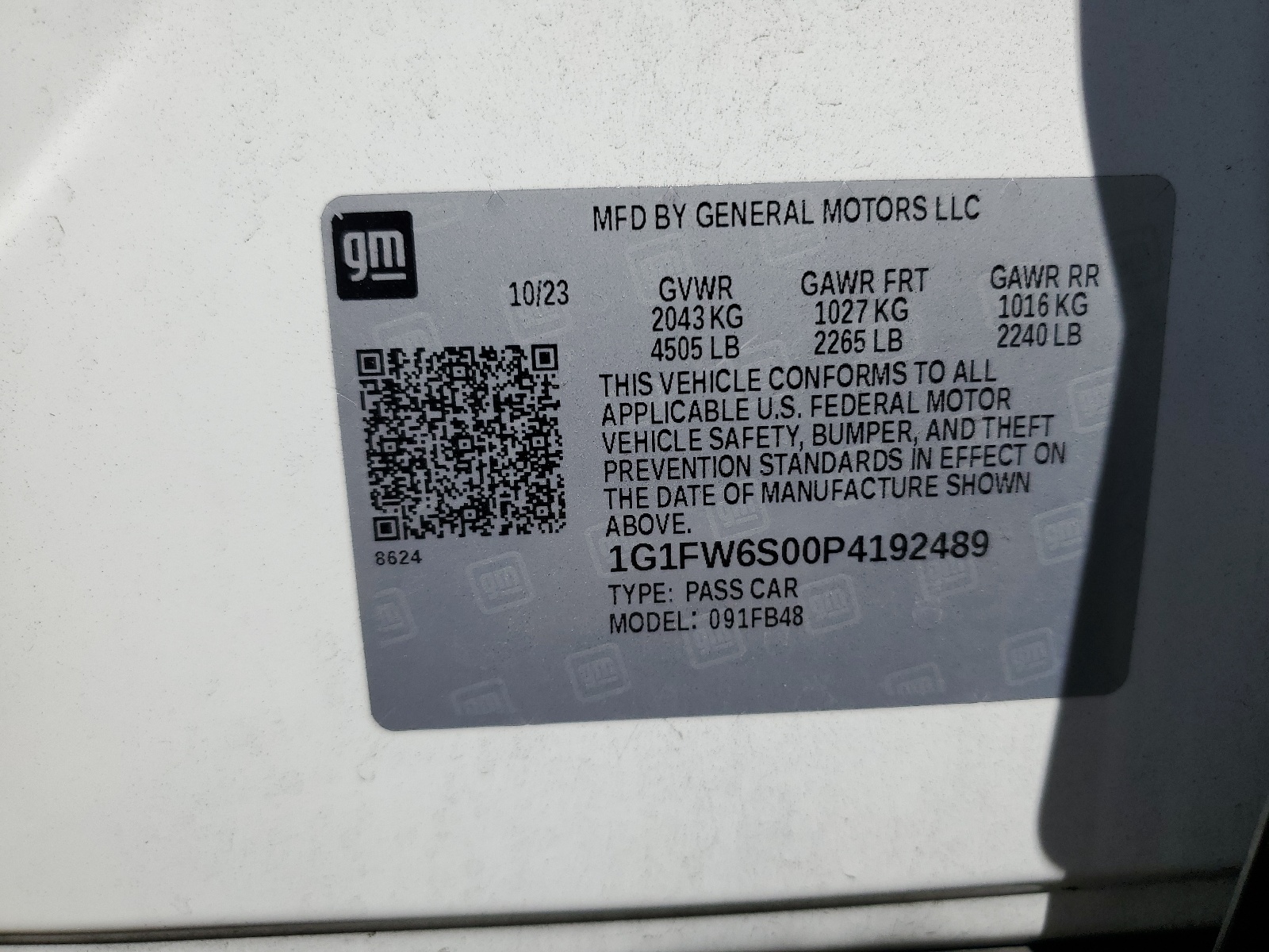 1G1FW6S00P4192489 2023 Chevrolet Bolt Ev 1Lt