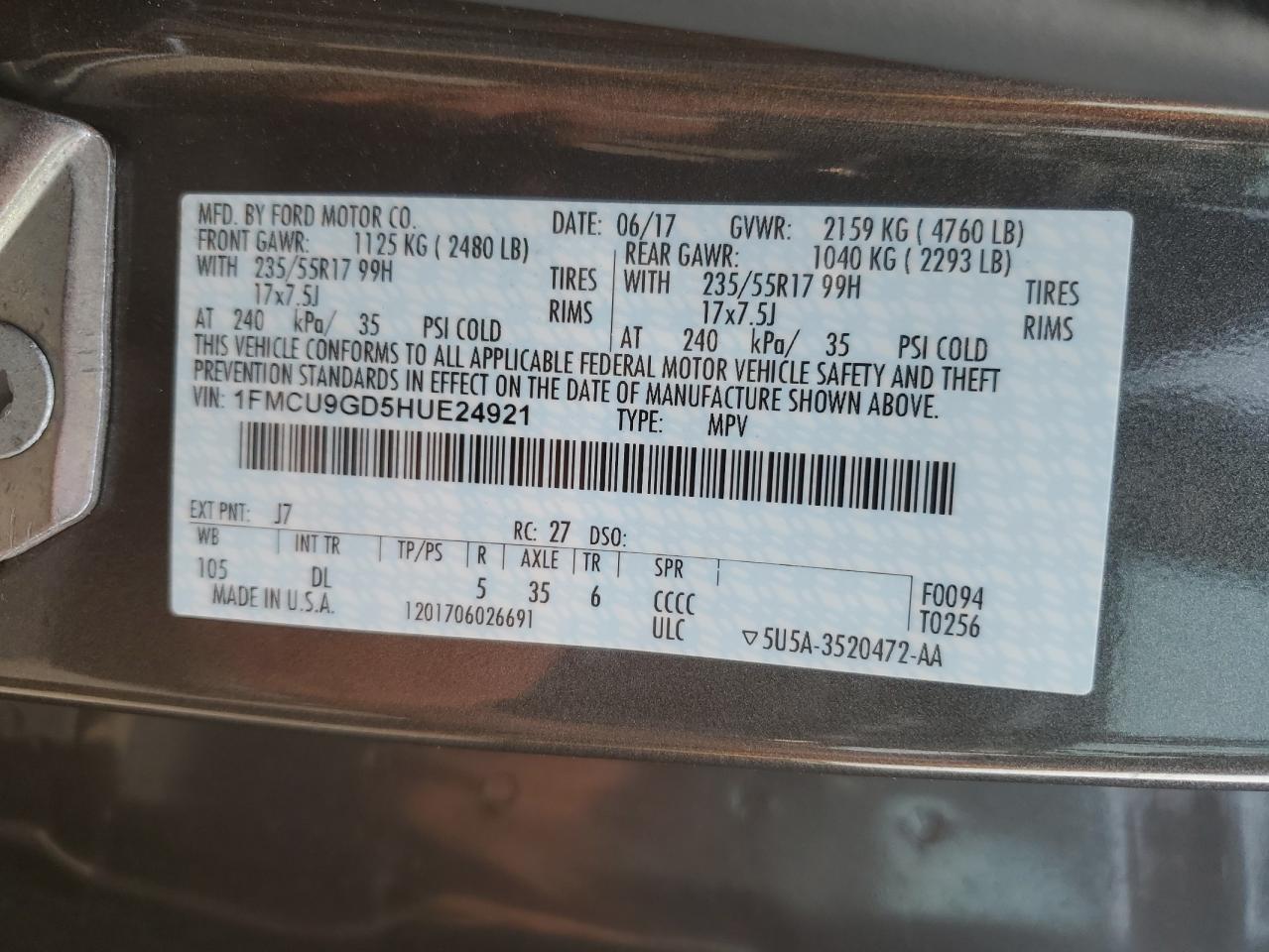 2017 Ford Escape Se VIN: 1FMCU9GD5HUE24921 Lot: 67399574