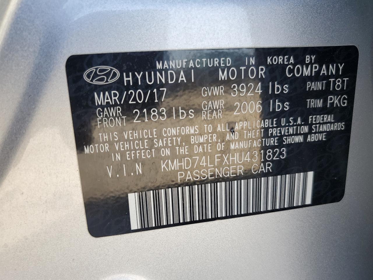 2017 Hyundai Elantra Se VIN: KMHD74LFXHU431823 Lot: 66809944