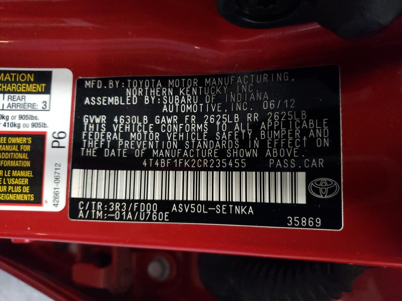 2012 Toyota Camry Base VIN: 4T4BF1FK2CR235455 Lot: 66179354