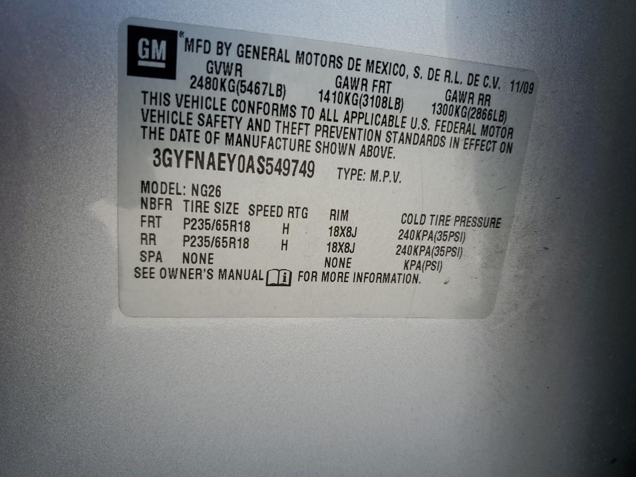 2010 Cadillac Srx Luxury Collection VIN: 3GYFNAEY0AS549749 Lot: 66084134