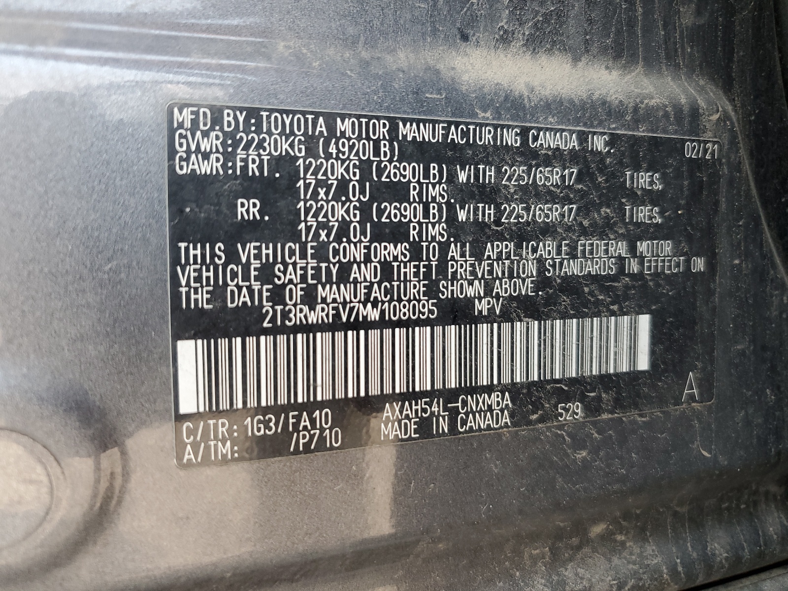 2T3RWRFV7MW108095 2021 Toyota Rav4 Xle