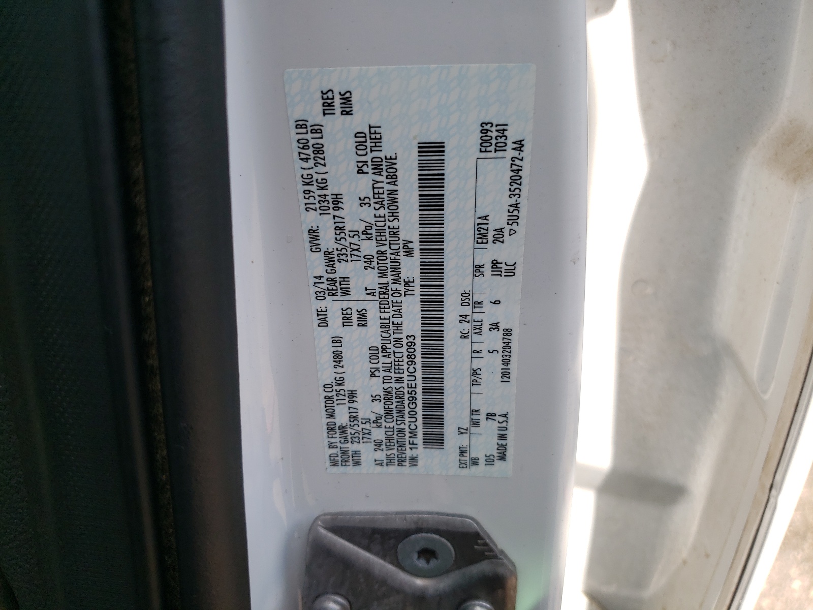 1FMCU0G95EUC98093 2014 Ford Escape Se