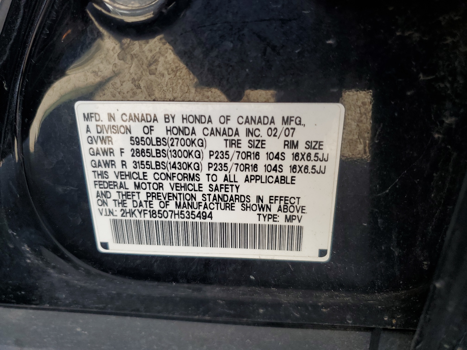 2HKYF18507H535494 2007 Honda Pilot Exl
