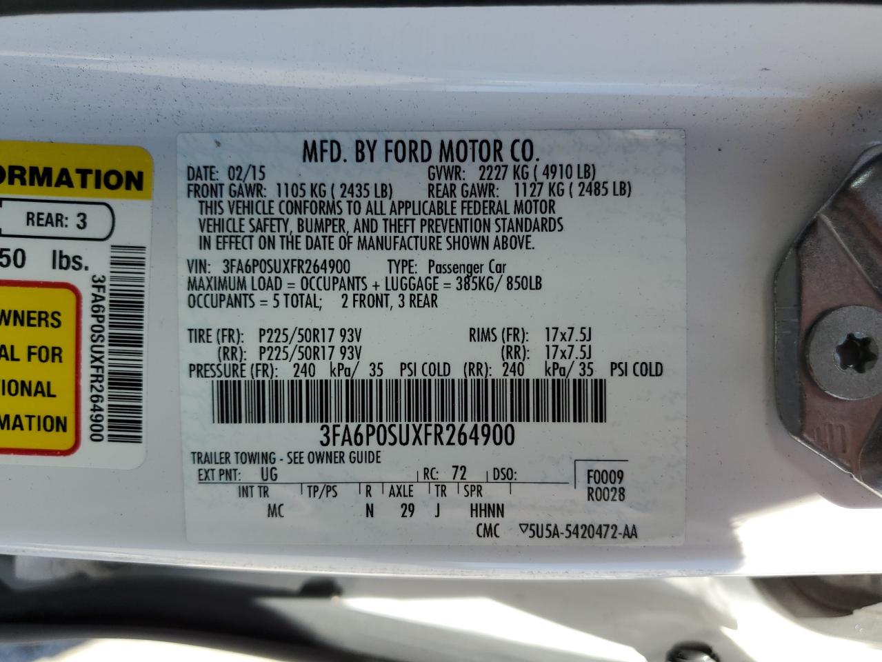 3FA6P0SUXFR264900 2015 Ford Fusion Titanium Phev