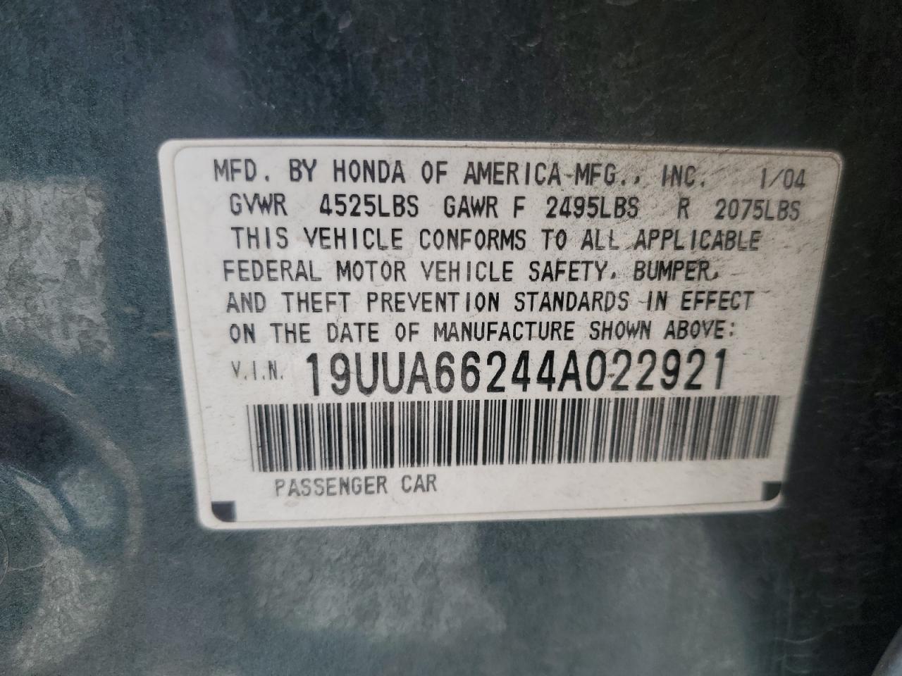 2004 Acura Tl VIN: 19UUA66244A022921 Lot: 66921624