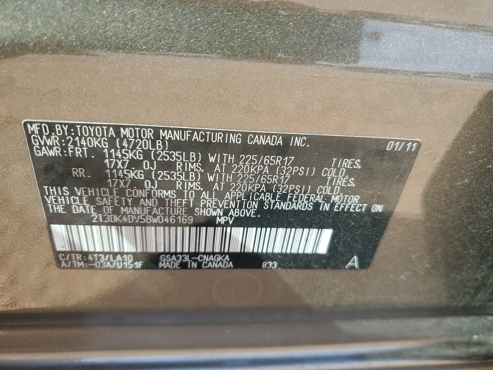 2T3DK4DV5BW046169 2011 Toyota Rav4 Limited