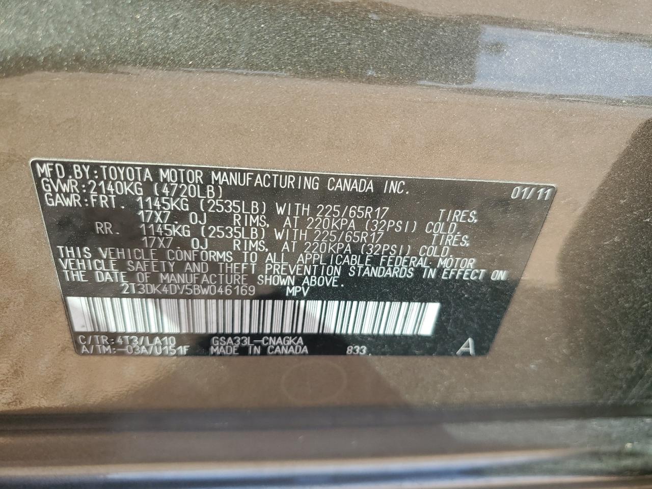 2011 Toyota Rav4 Limited VIN: 2T3DK4DV5BW046169 Lot: 68486144