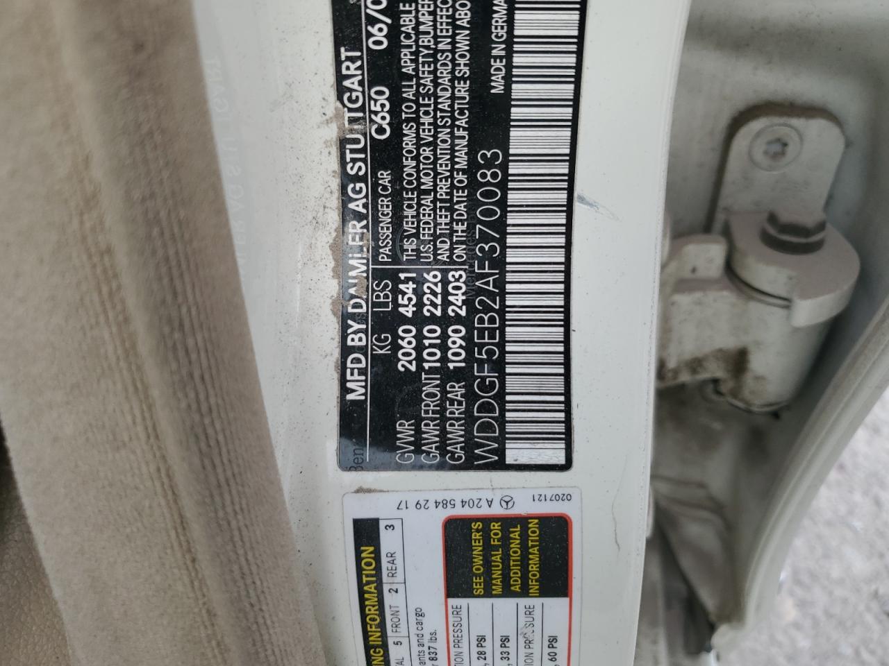 2010 Mercedes-Benz C 300 VIN: WDDGF5EB2AF370083 Lot: 57140024