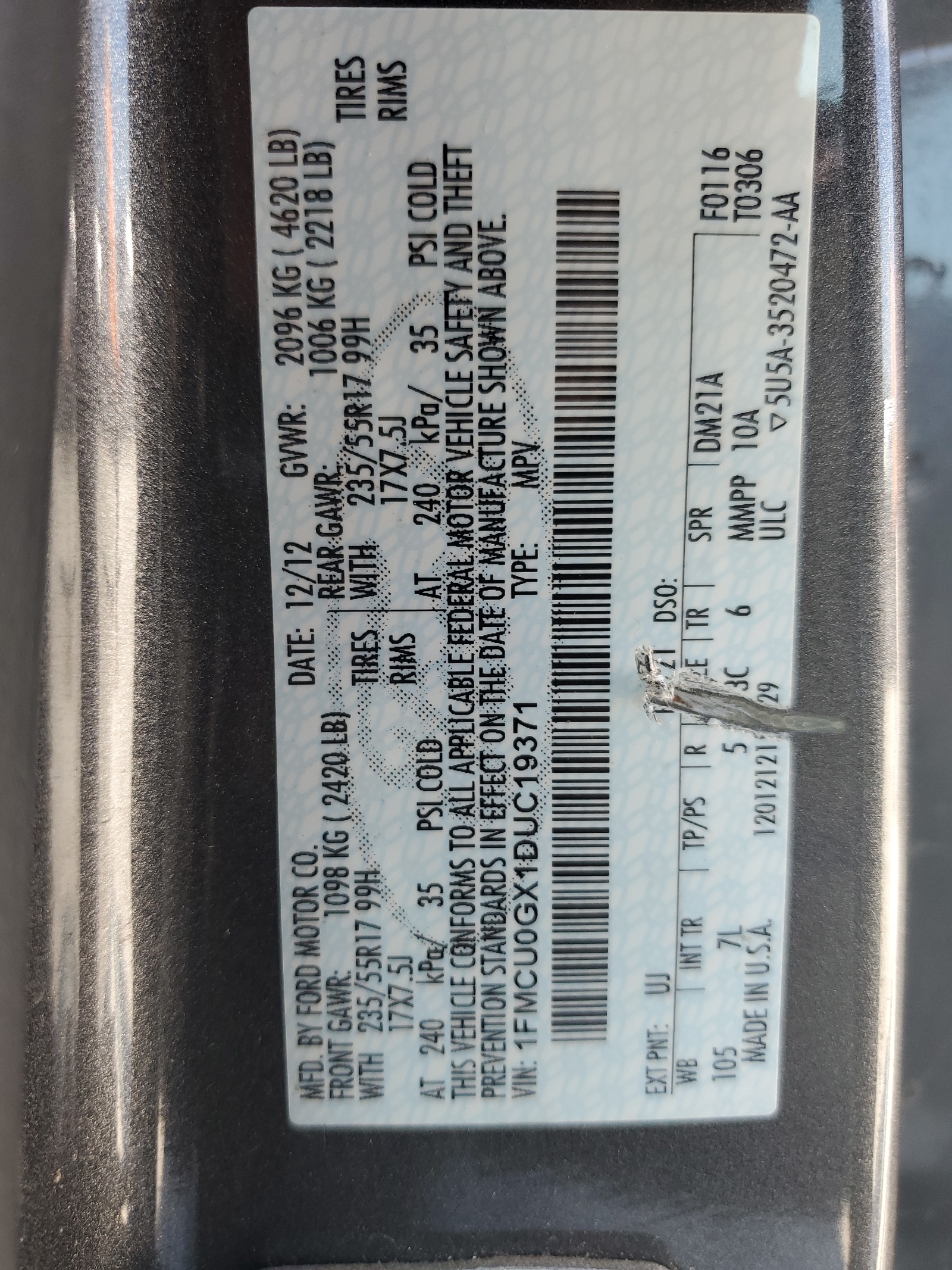 1FMCU0GX1DUC19371 2013 Ford Escape Se