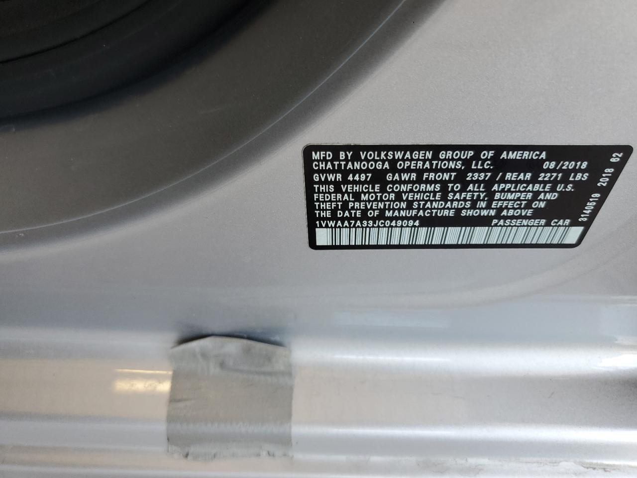 2018 Volkswagen Passat S VIN: 1VWAA7A33JC049094 Lot: 67293054