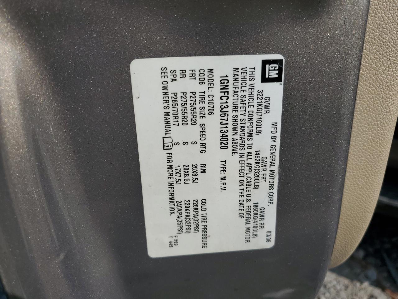 2007 Chevrolet Tahoe C1500 VIN: 1GNFC13J67J134020 Lot: 81274944