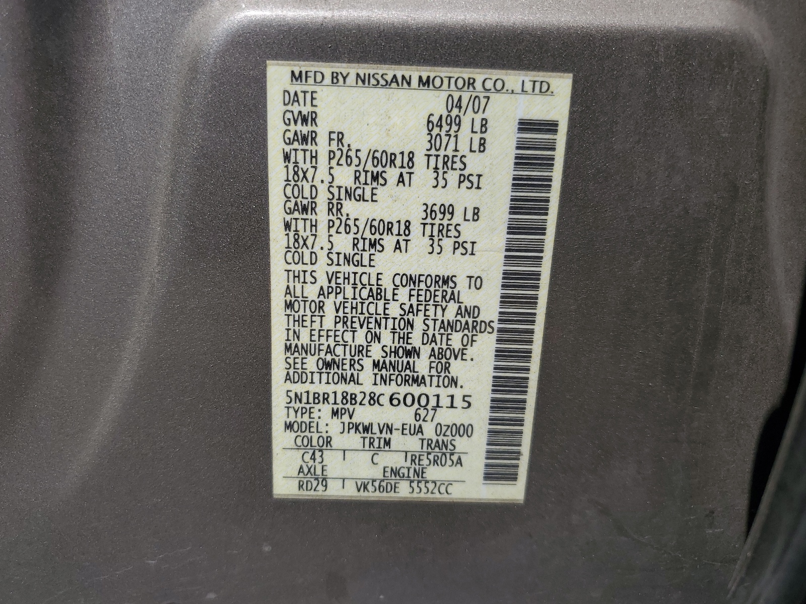 5N1BR18B28C600115 2008 Nissan Pathfinder Le