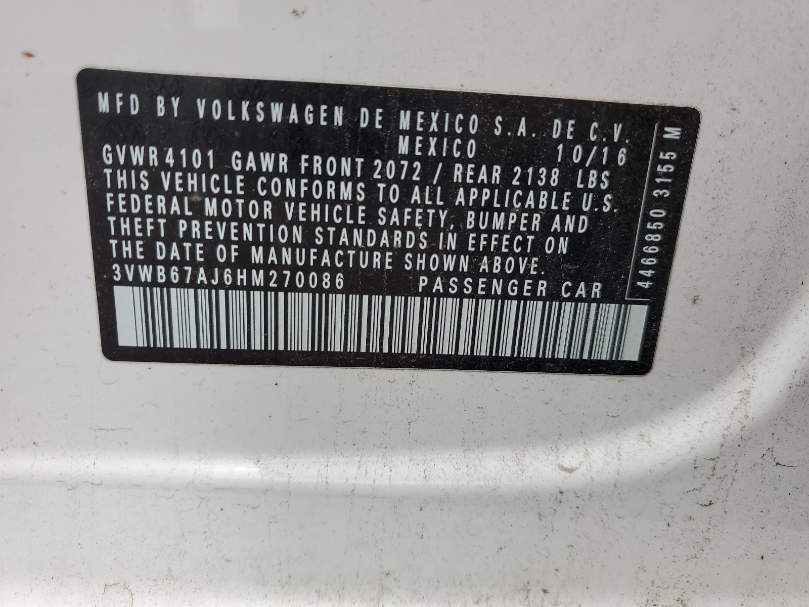 3VWB67AJ6HM270086 2017 Volkswagen Jetta Se