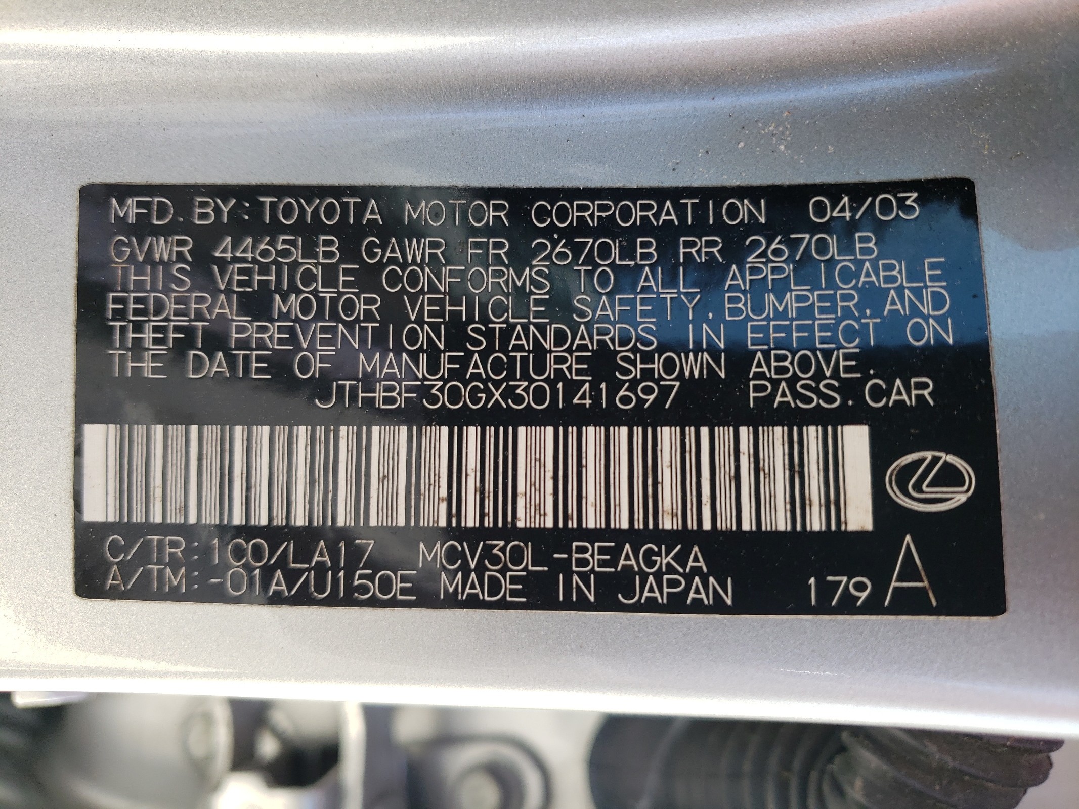 JTHBF30GX30141697 2003 Lexus Es 300