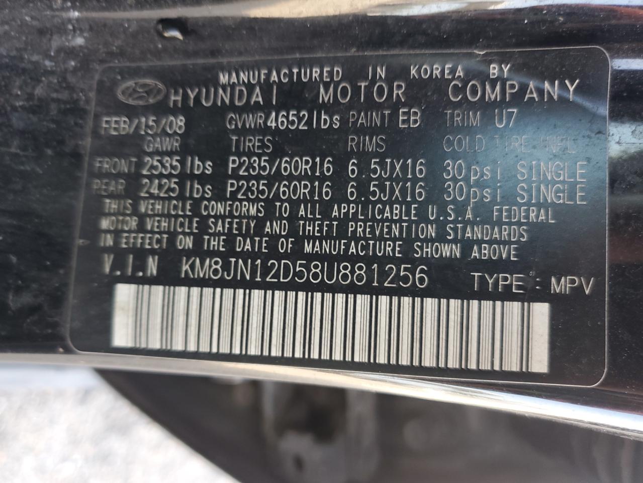 KM8JN12D58U881256 2008 Hyundai Tucson Se