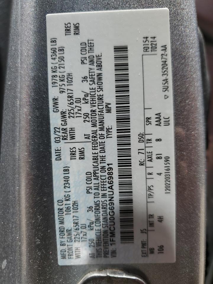 2022 Ford Escape Se VIN: 1FMCU0G69NUA69891 Lot: 66631694