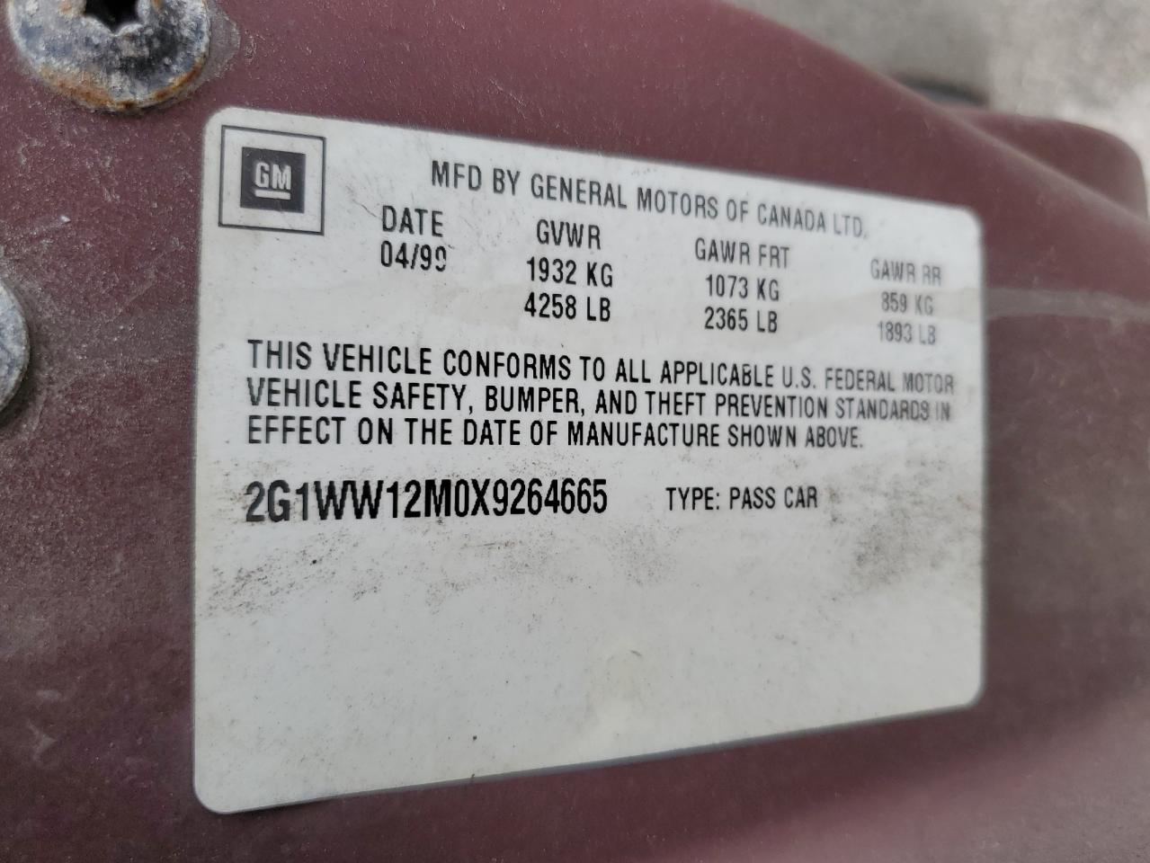 1999 Chevrolet Monte Carlo Ls VIN: 2G1WW12M0X9264665 Lot: 65479544