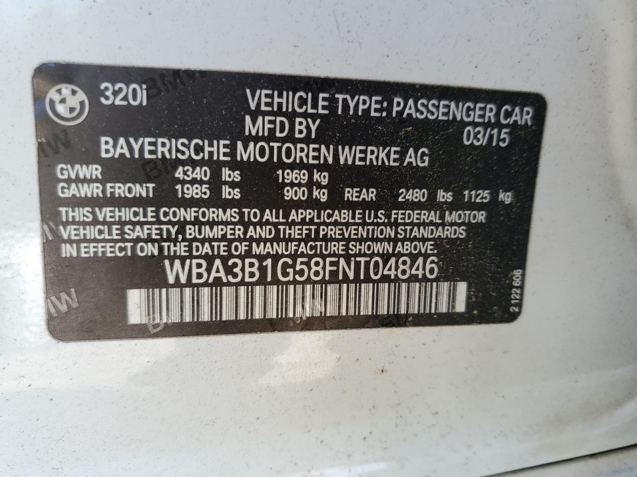 2015 BMW 320 I VIN: WBA3B1G58FNT04846 Lot: 64467834