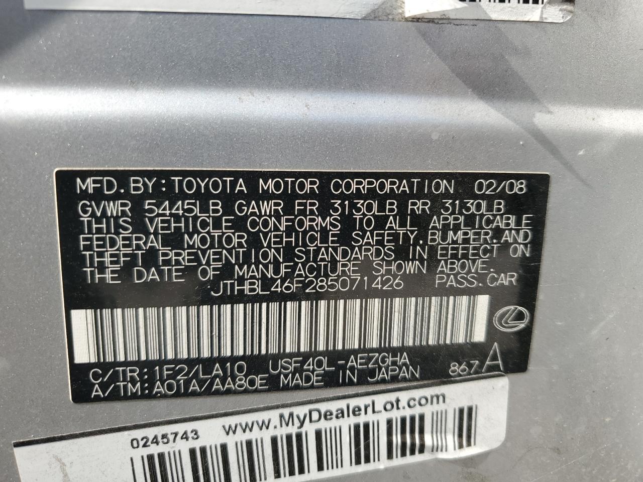 2008 Lexus Ls 460 VIN: JTHBL46F285071426 Lot: 68051614