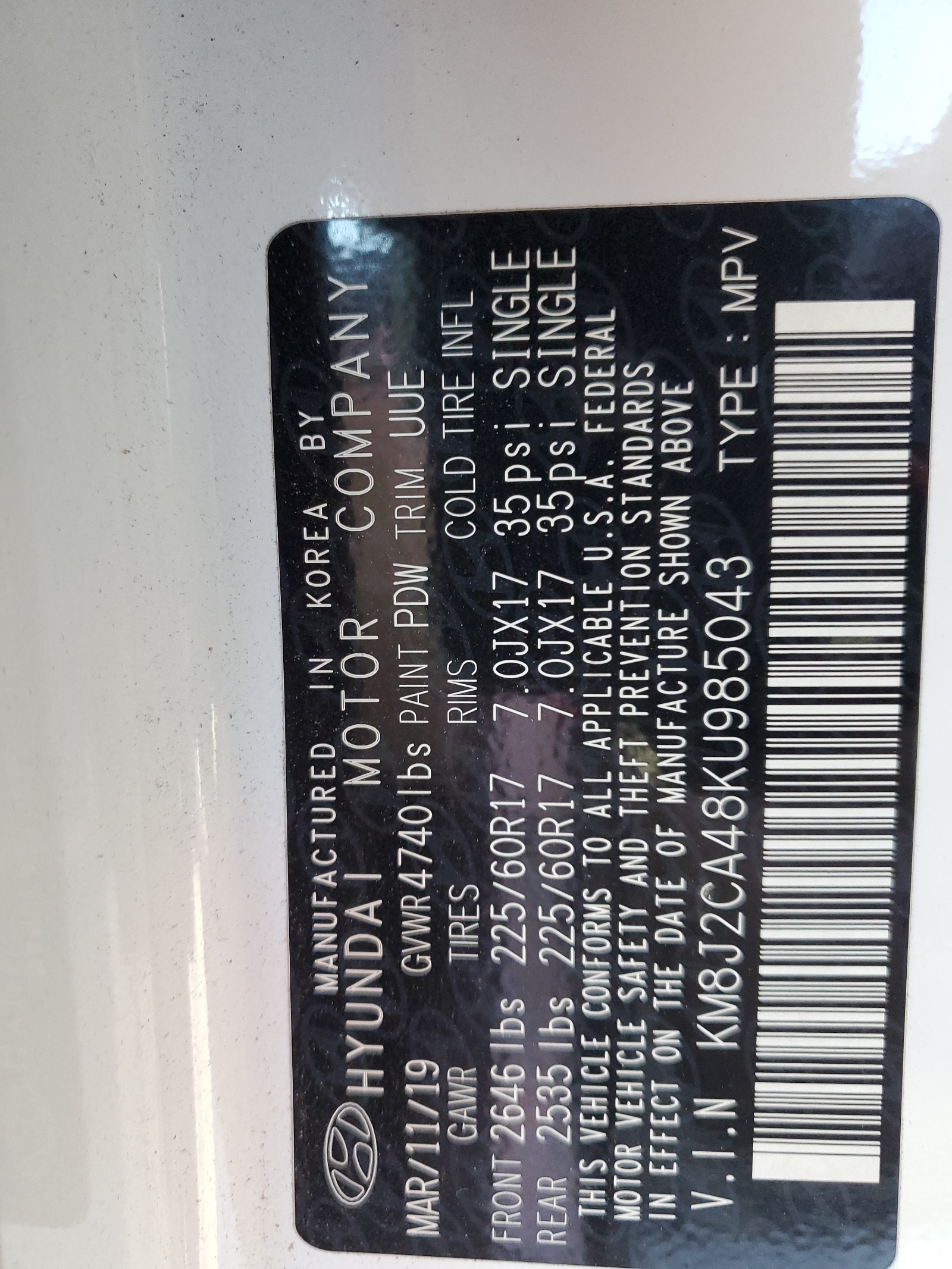 KM8J2CA48KU985043 2019 Hyundai Tucson Se