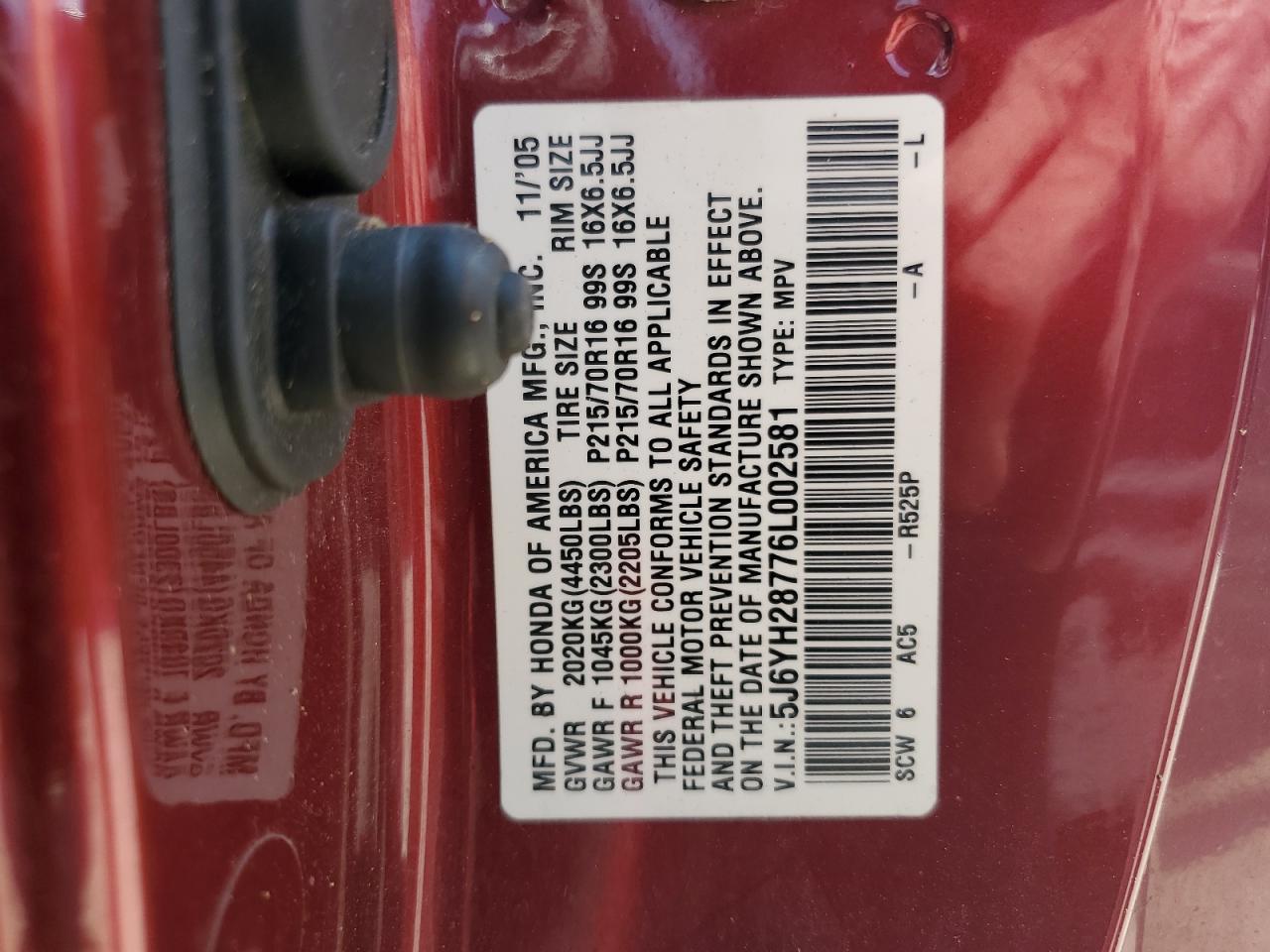 5J6YH28776L002581 2006 Honda Element Ex