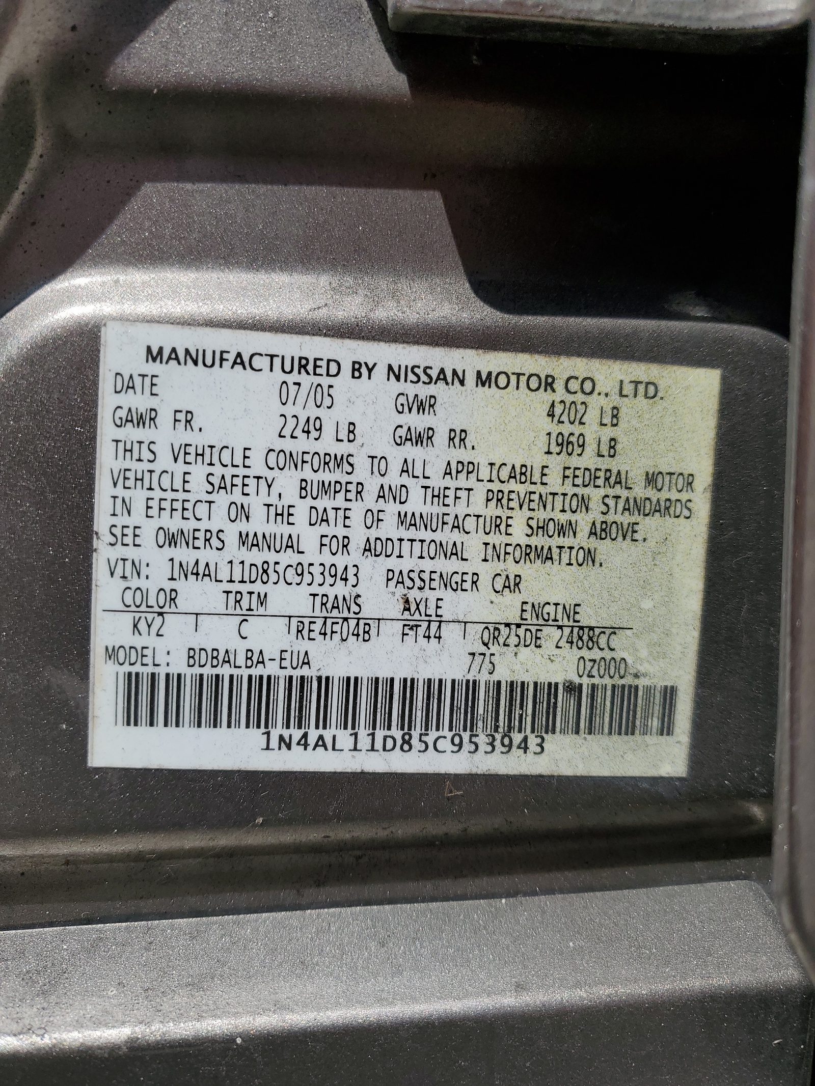 1N4AL11D85C953943 2005 Nissan Altima S