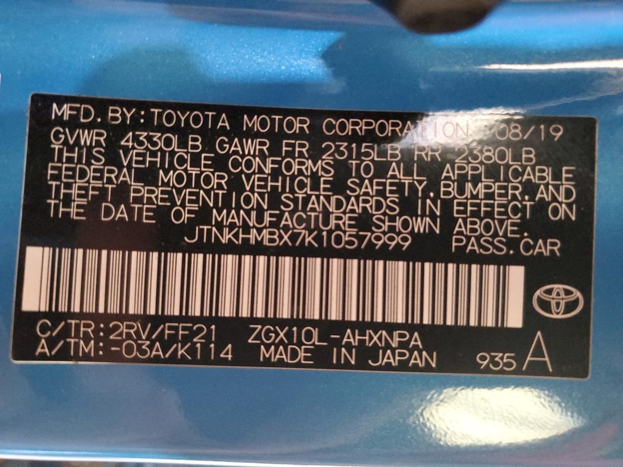 JTNKHMBX7K1057999 2019 Toyota C-Hr Xle