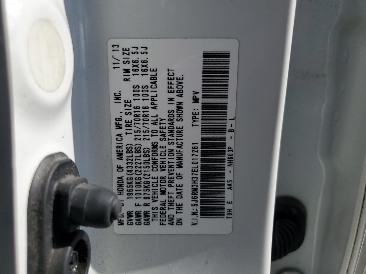 5J6RM3H37EL017261 2014 Honda Cr-V Lx