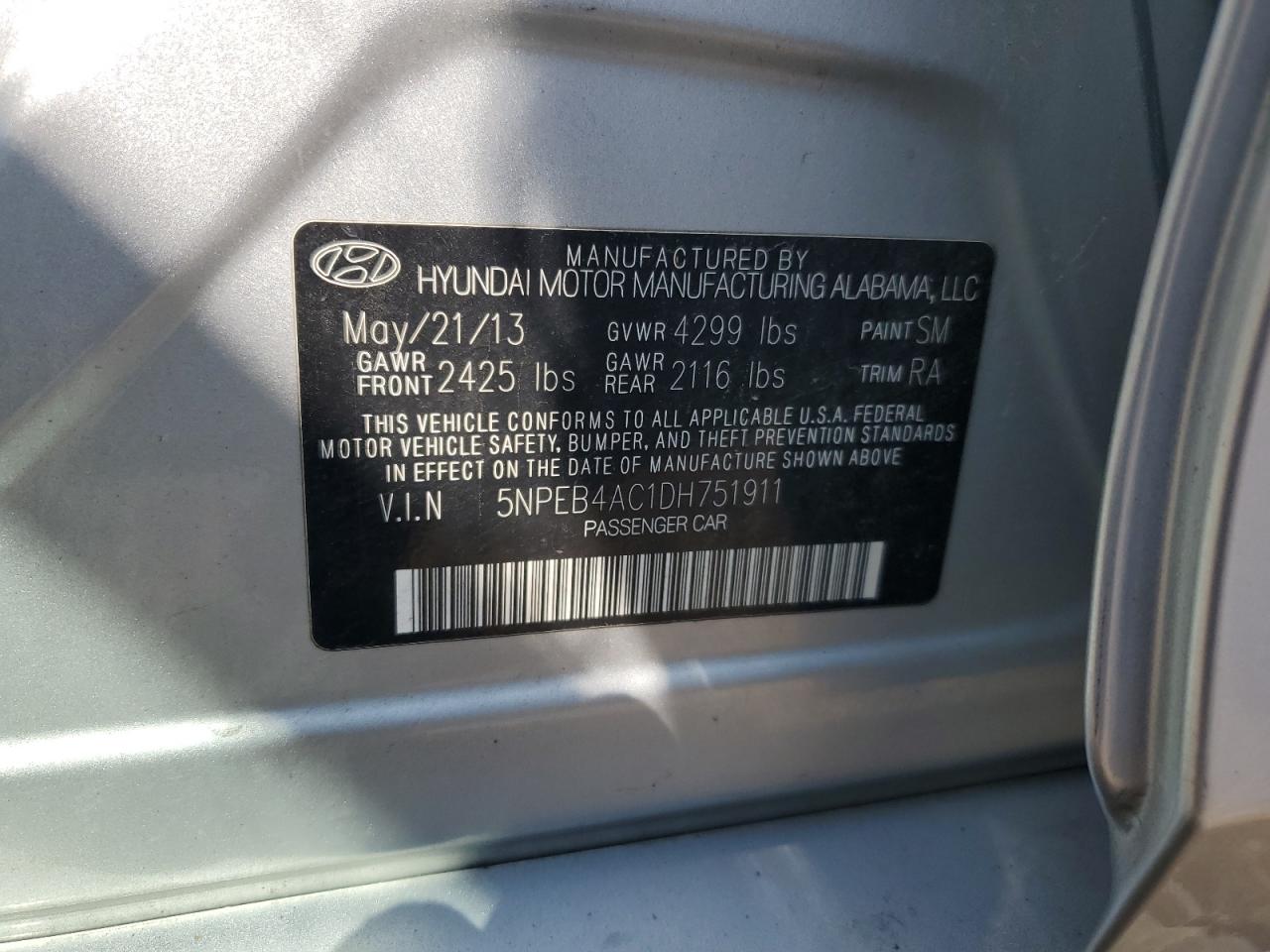 2013 Hyundai Sonata Gls VIN: 5NPEB4AC1DH751911 Lot: 66347464