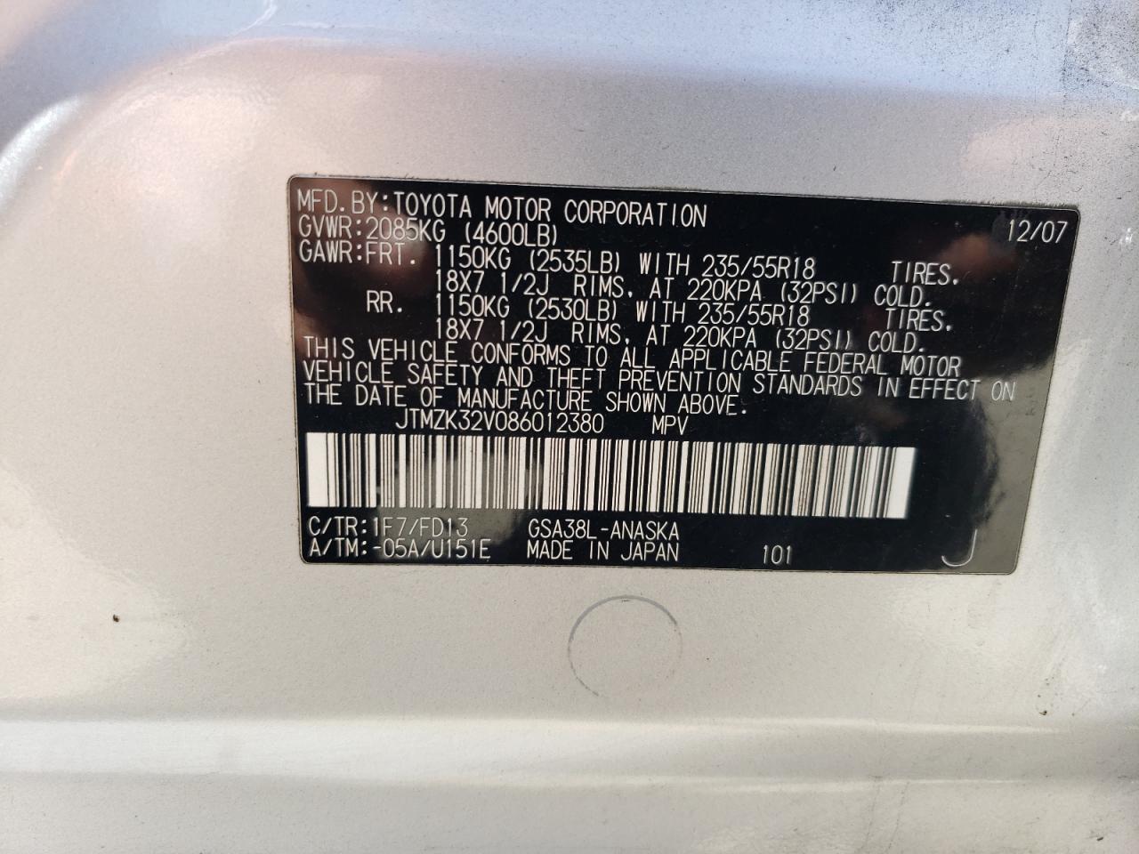 2008 Toyota Rav4 Sport VIN: JTMZK32V086012380 Lot: 67288834