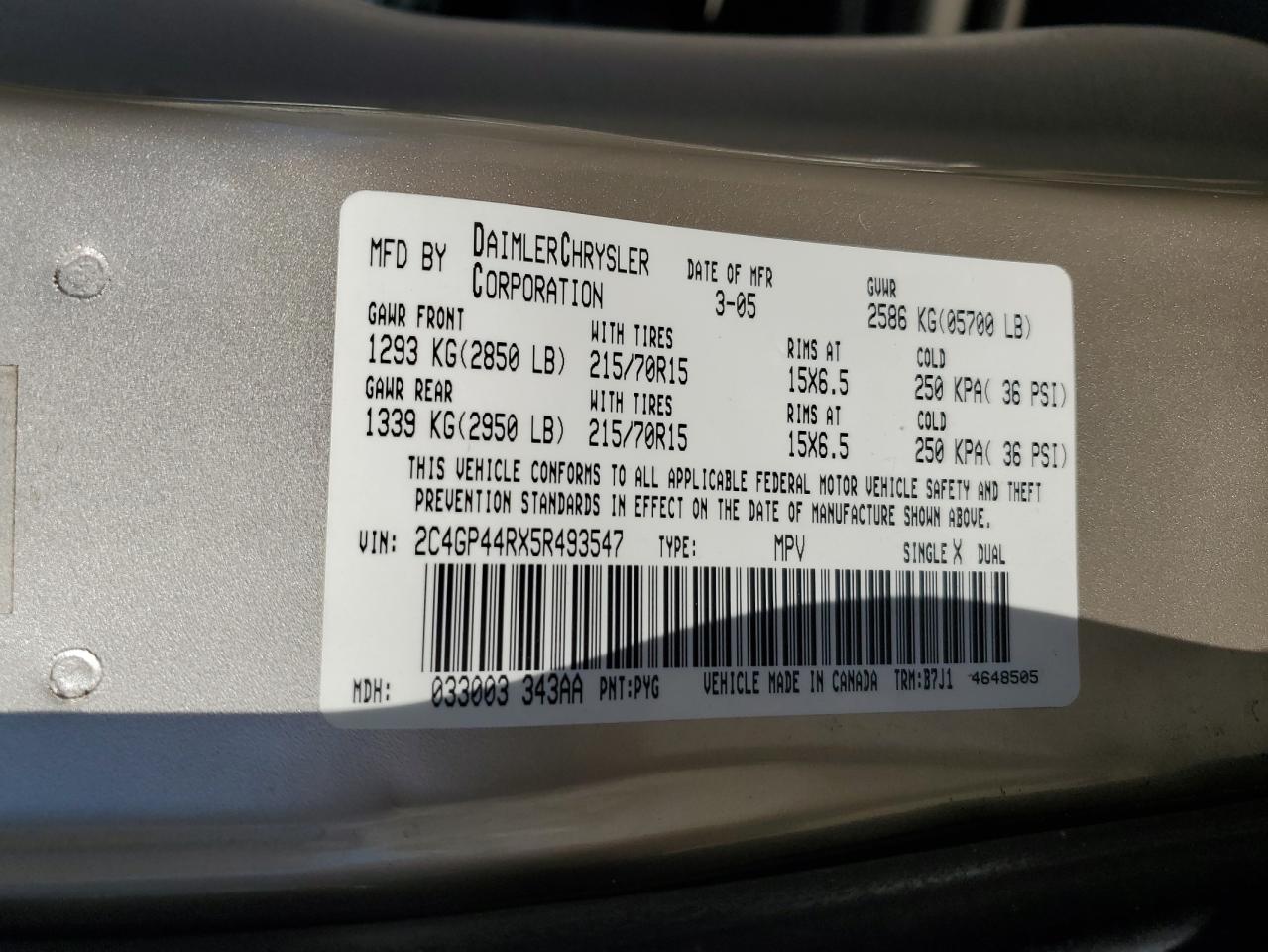 2005 Chrysler Town & Country Lx VIN: 2C4GP44RX5R493547 Lot: 67827314