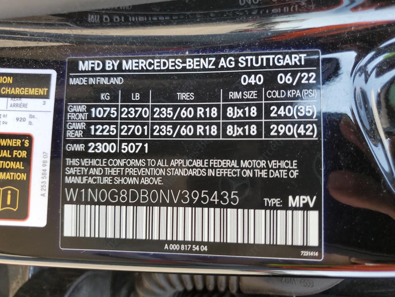 2022 Mercedes-Benz Glc 300 VIN: W1N0G8DB0NV395435 Lot: 76028594