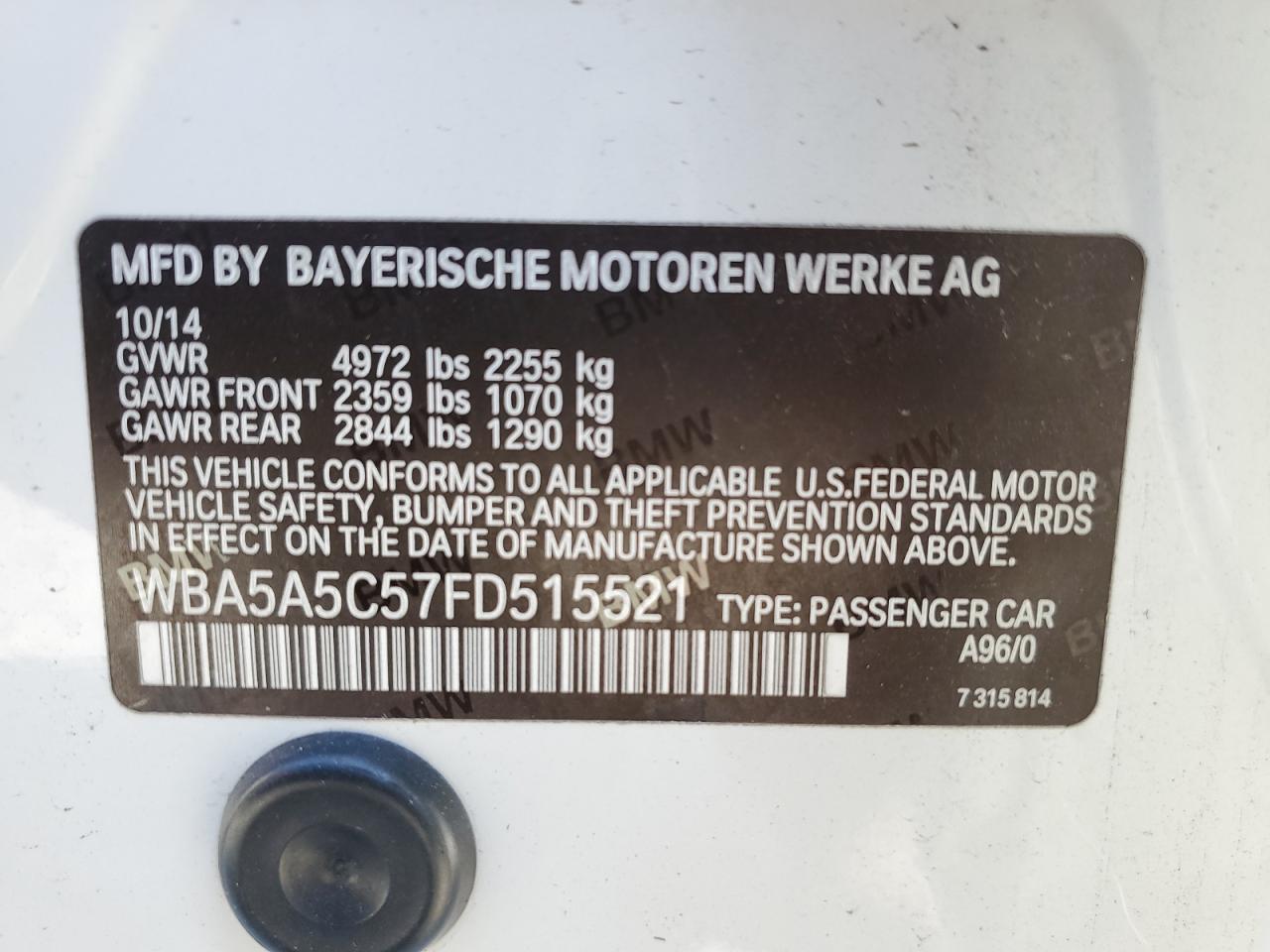 2015 BMW 528 I VIN: WBA5A5C57FD515521 Lot: 66144044